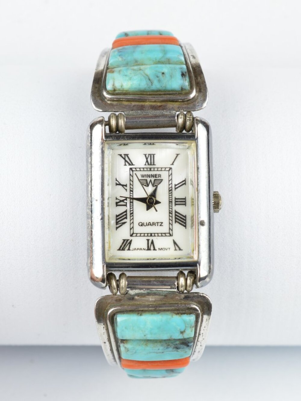 VTG Navajo Harry Bert Sterling Silver Turquoise Coral Cobble Inlay Watch Tips